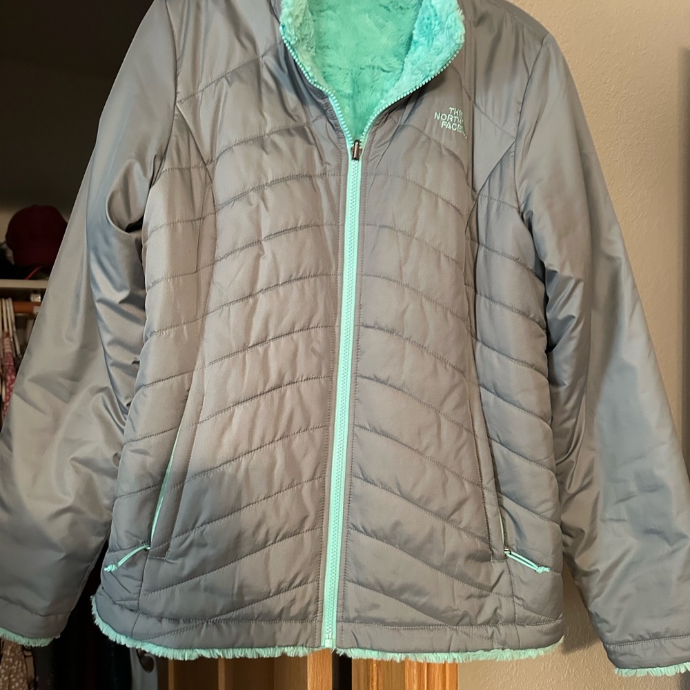The North Face Kids Gray and Mint Puffer Jacket